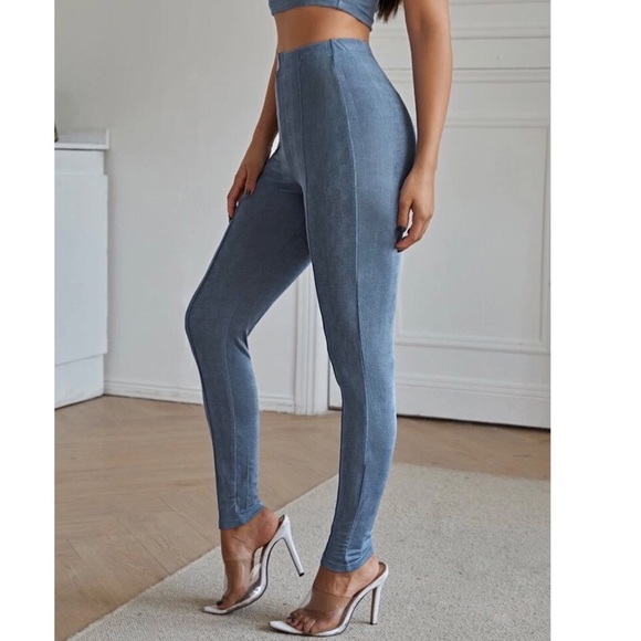 Leggings blue line solid high waist pants bottoms tights - Picture 5 of 5